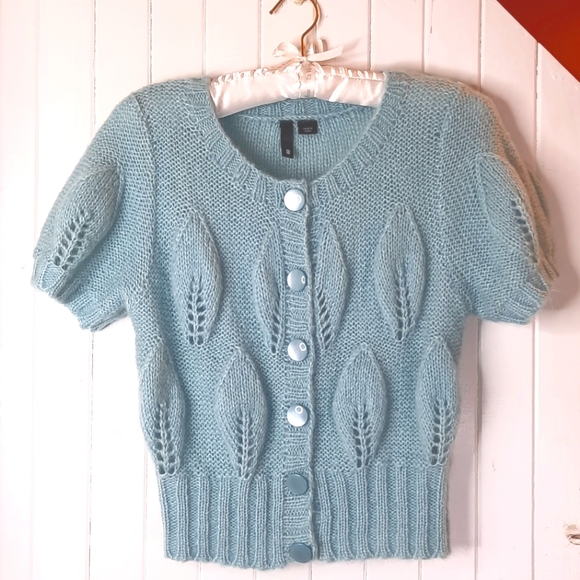Divided Sweaters - DIVIDED Knit Mohair, Button Down, Short Puff Sleeves, Sweater Top
